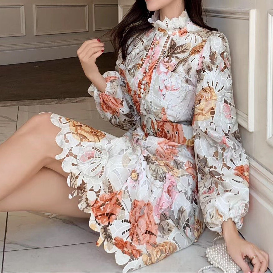 High Quality Long Sleeve Stand Collar Print Floral Dress