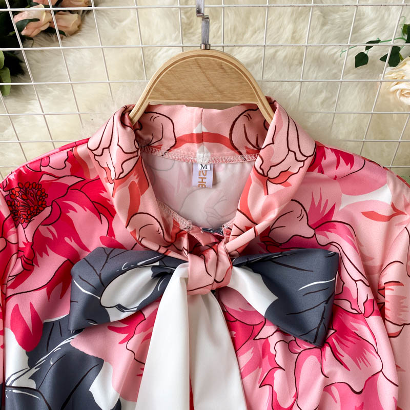 High Quality Pleated Long Sleeve Bow Short Sleeve Elegant Floral Dresses