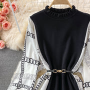 Black dress with long lantern sleeve print and high quality belt