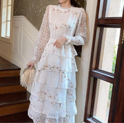 New Spring Pink Lace Embroidery Maxi Dress Female Long Sleeve High Waist Ruffle Elegant Runway Dresses Vestidos