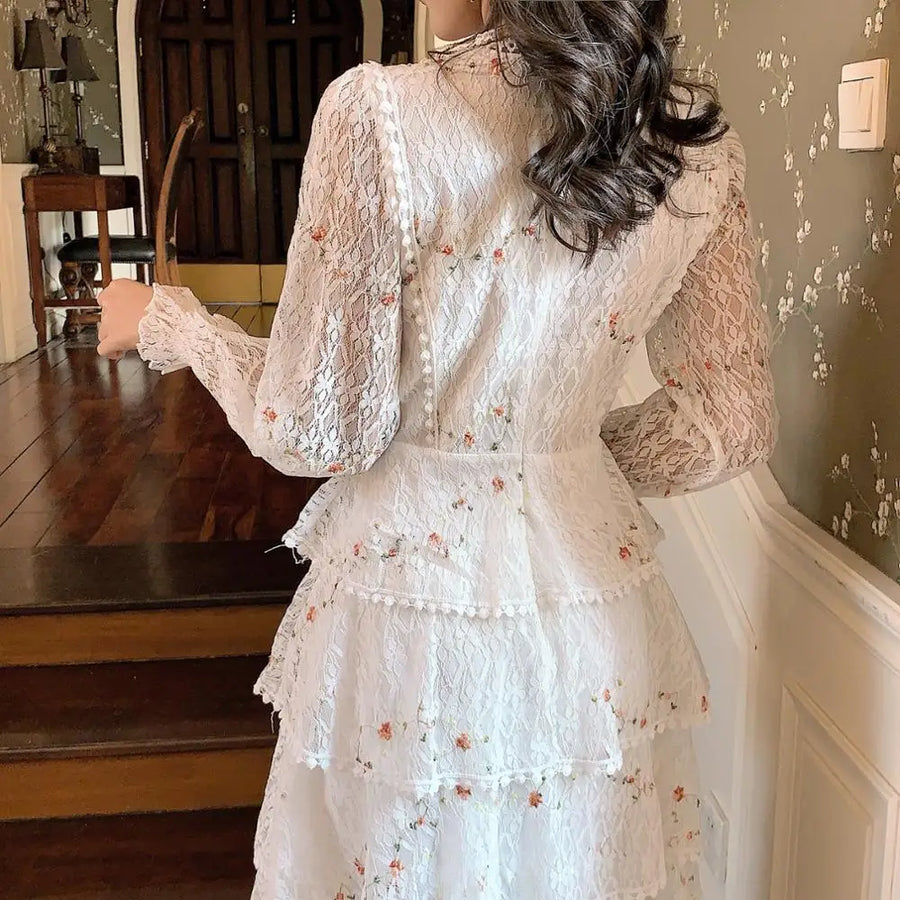 New Spring Pink Lace Embroidery Maxi Dress Female Long Sleeve High Waist Ruffle Elegant Runway Dresses Vestidos