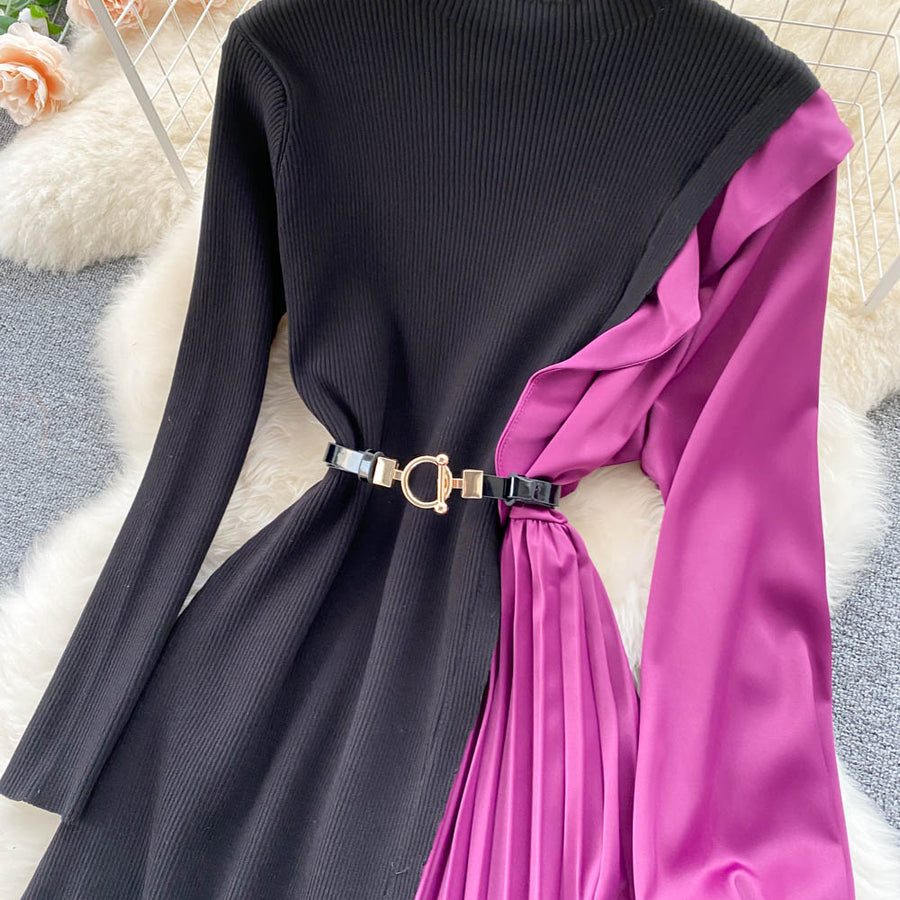 Elegant long sleeve dresses with quality pleated midi belt