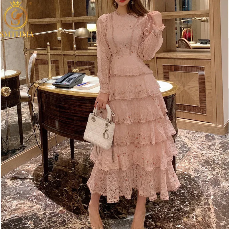 New Spring Pink Lace Embroidery Maxi Dress Female Long Sleeve High Waist Ruffle Elegant Runway Dresses Vestidos
