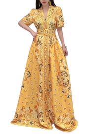 Elegant long dress with short sleeve print with high quality belt