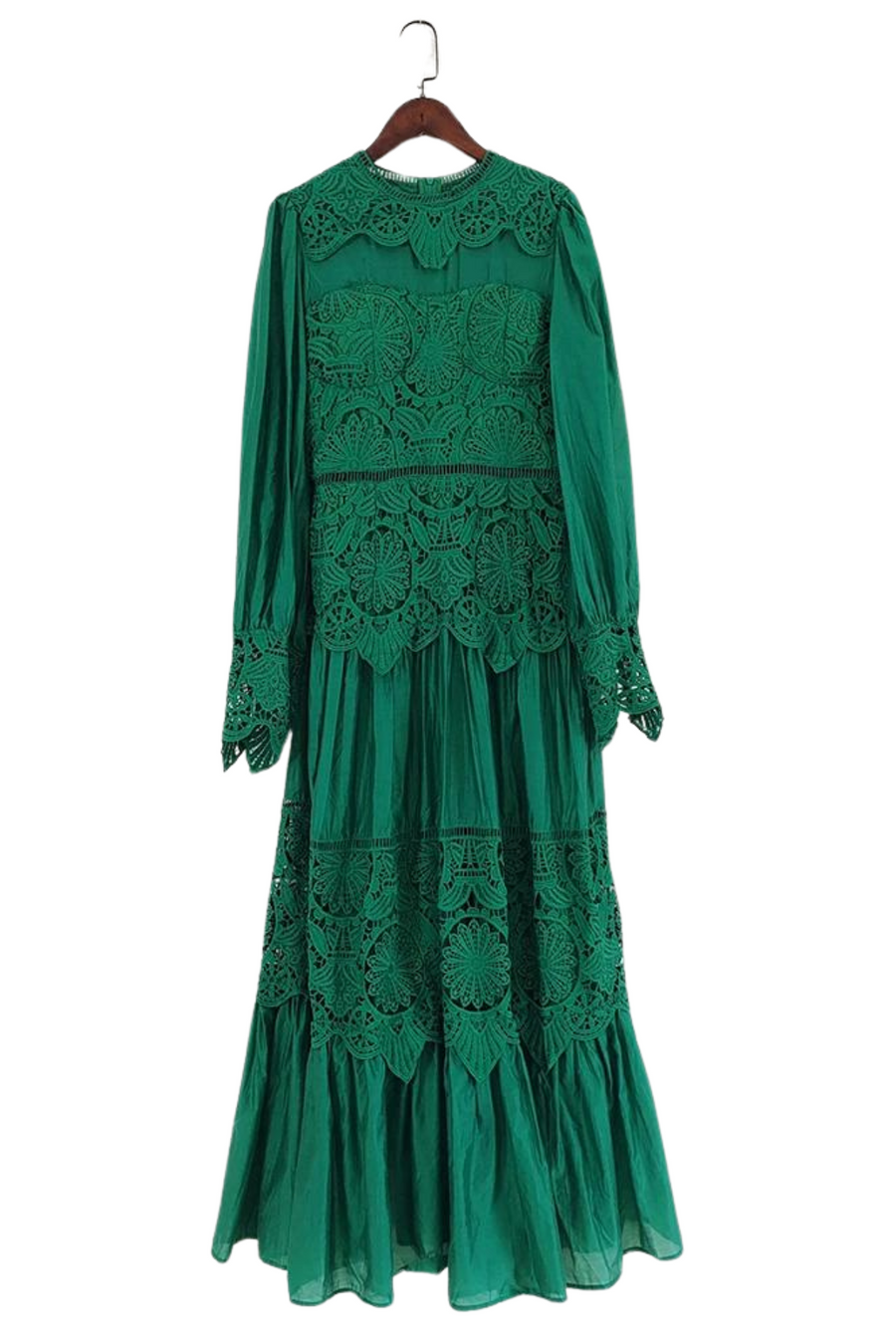Vintage quality elegant hollow out embroidered flower green black white dress