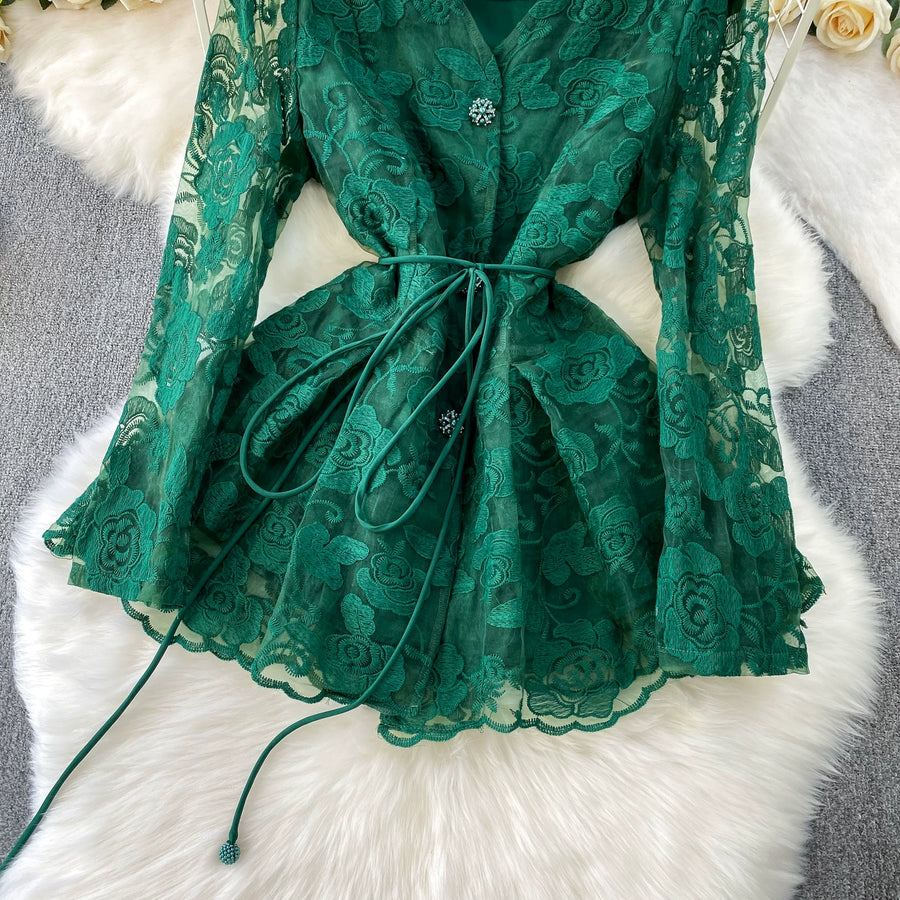 Embroidery Mesh 2 Pieces Set Women Hollow Out Sashes Shirt Tops + Elastic Waist A-Line Long Skirts Suit Autumn Ladies Outfit