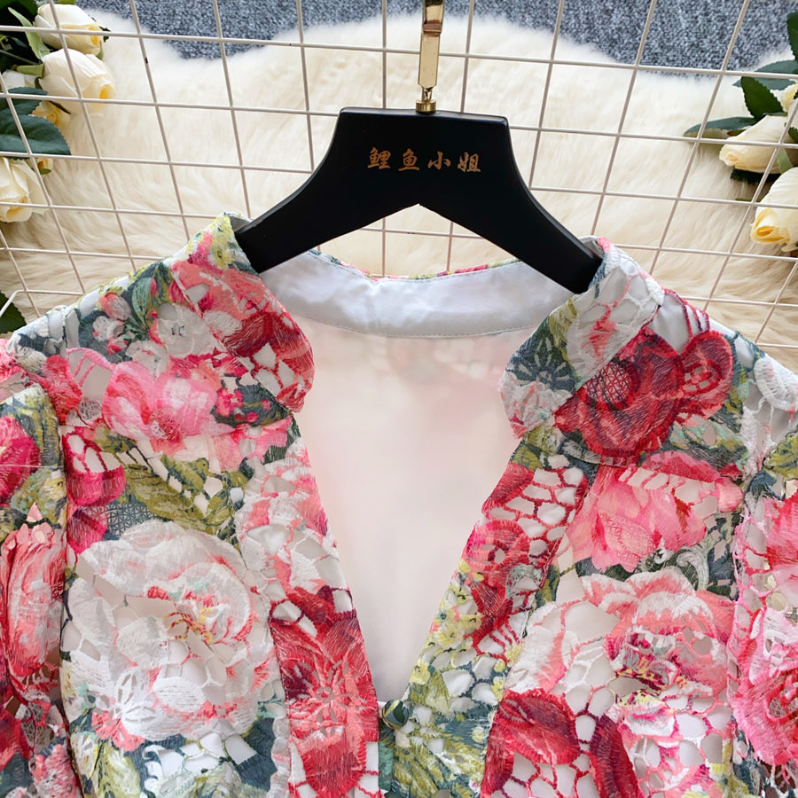 High-quality crochet lace embroidery floral print V-neck long lantern sleeve short dress