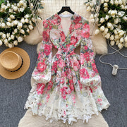 High-quality crochet lace embroidery floral print V-neck long lantern sleeve short dress