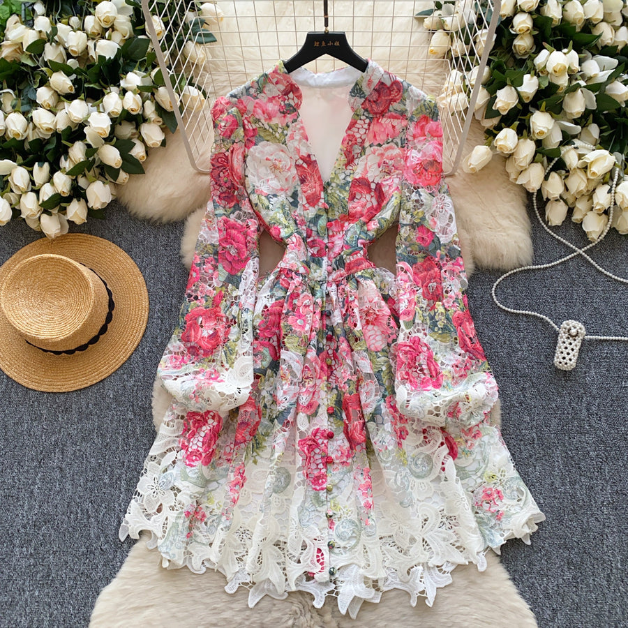 High-quality crochet lace embroidery floral print V-neck long lantern sleeve short dress