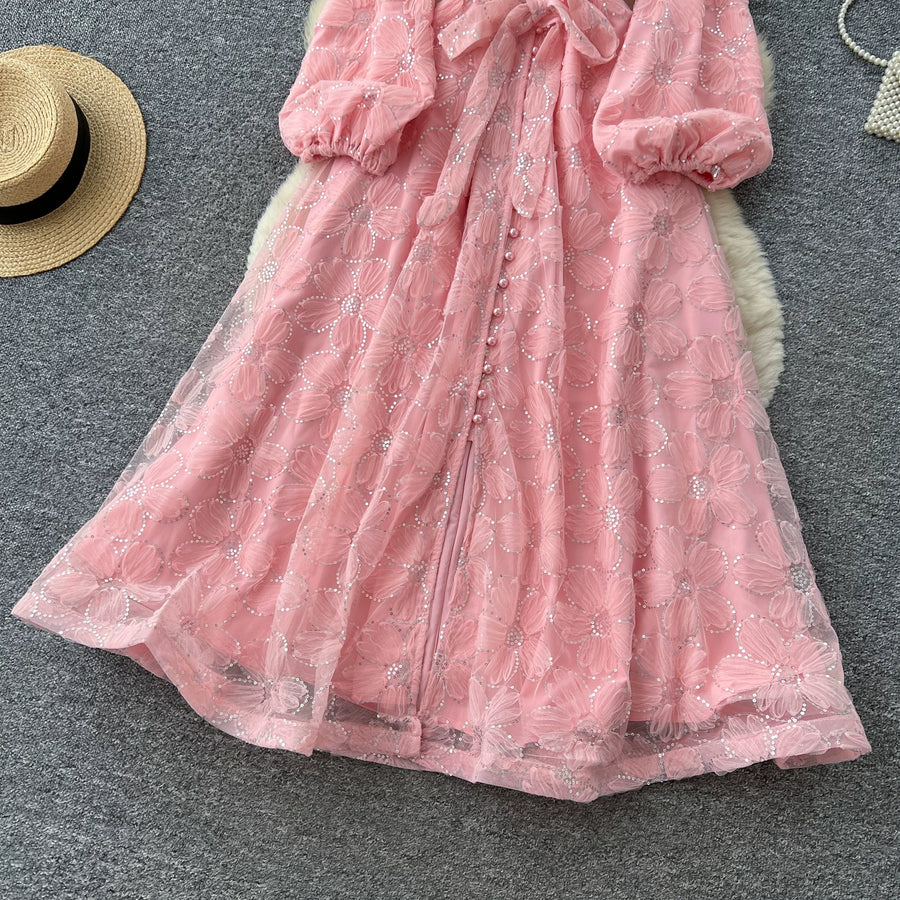 Spring Autumn French High-end Women's Dress New Lace Embroidery Glitter Lantern Sleeve Single Breasted Party Birthday Dress