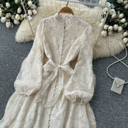 Spring Autumn French High-end Women's Dress New Lace Embroidery Glitter Lantern Sleeve Single Breasted Party Birthday Dress