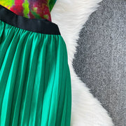 Loose Fit Miyake Style Pleated Matching Suit Women Oversized Bat Sleeve Drawstring Print Tunic + Pleated Wide Leg Pants Set