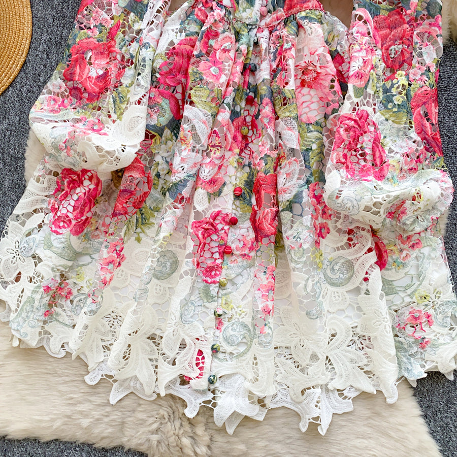 High-quality crochet lace embroidery floral print V-neck long lantern sleeve short dress