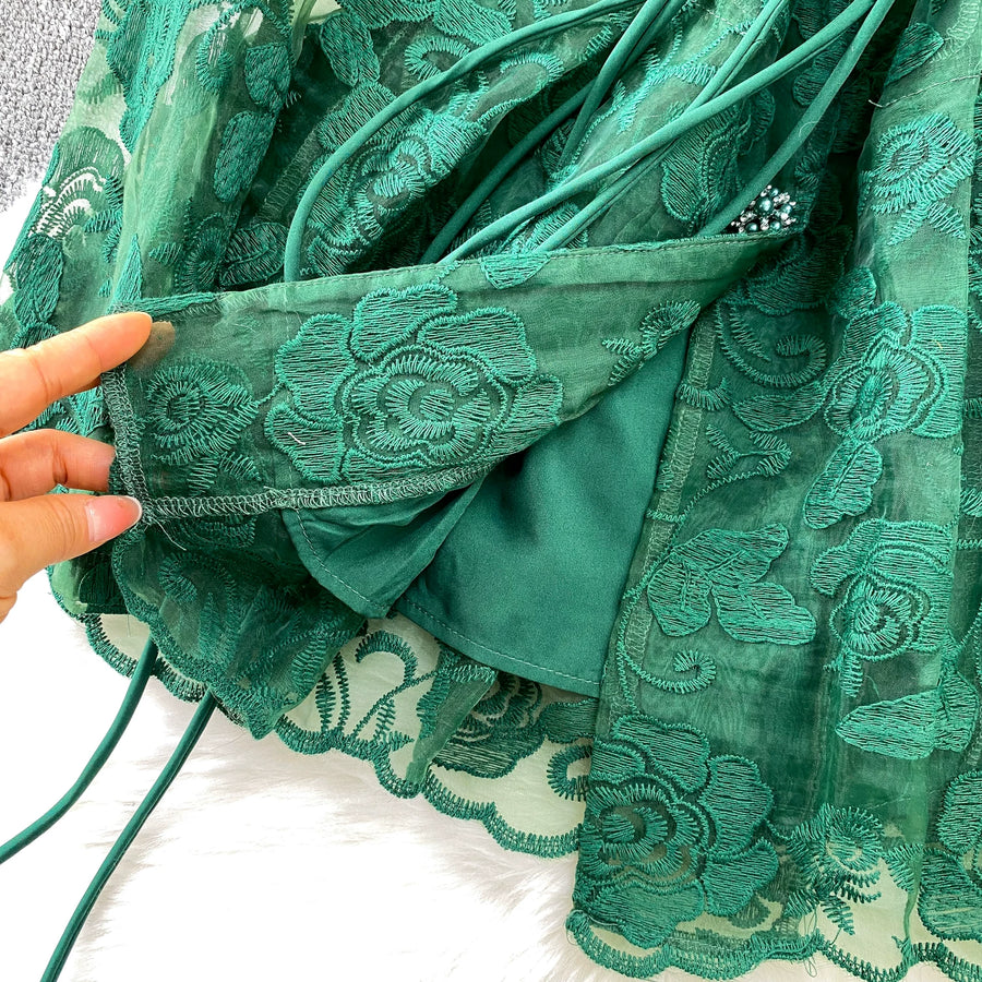 Embroidery Mesh 2 Pieces Set Women Hollow Out Sashes Shirt Tops + Elastic Waist A-Line Long Skirts Suit Autumn Ladies Outfit