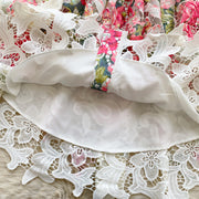 High-quality crochet lace embroidery floral print V-neck long lantern sleeve short dress