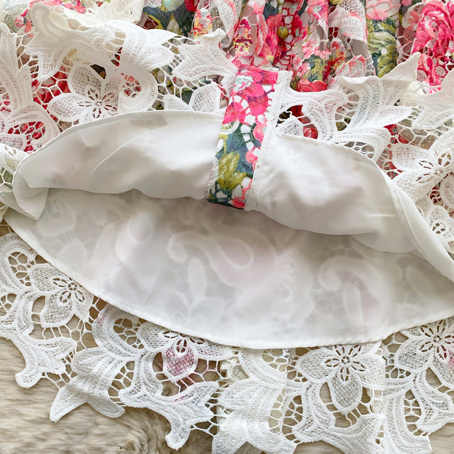 High-quality crochet lace embroidery floral print V-neck long lantern sleeve short dress