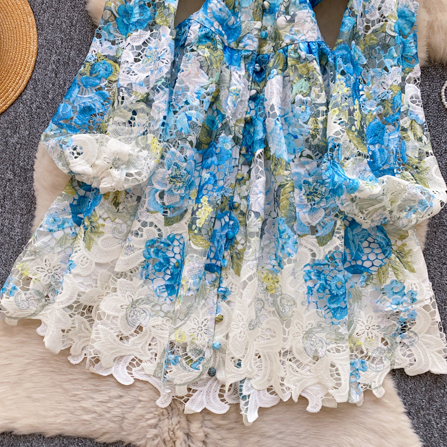 High-quality crochet lace embroidery floral print V-neck long lantern sleeve short dress