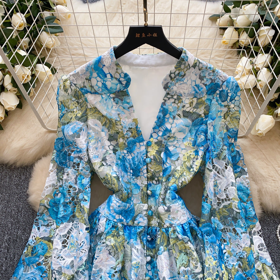 High-quality crochet lace embroidery floral print V-neck long lantern sleeve short dress
