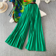 Loose Fit Miyake Style Pleated Matching Suit Women Oversized Bat Sleeve Drawstring Print Tunic + Pleated Wide Leg Pants Set