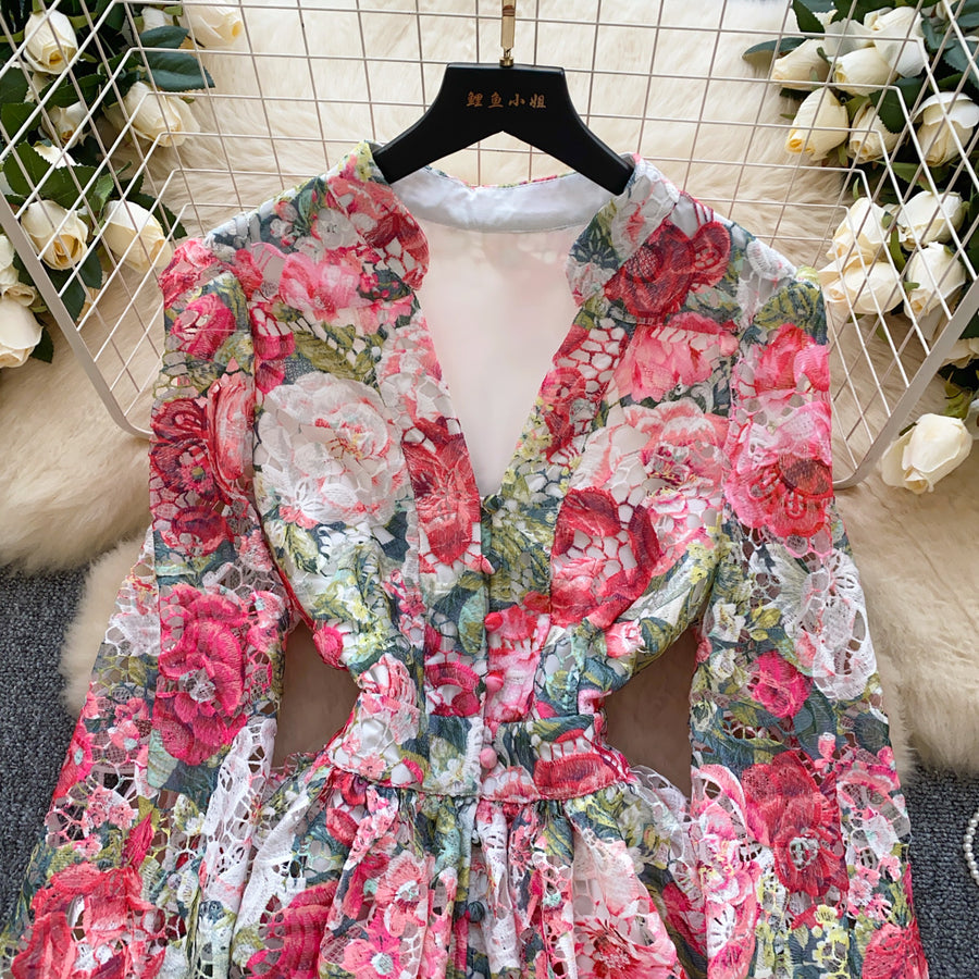 High-quality crochet lace embroidery floral print V-neck long lantern sleeve short dress
