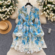 High-quality crochet lace embroidery floral print V-neck long lantern sleeve short dress
