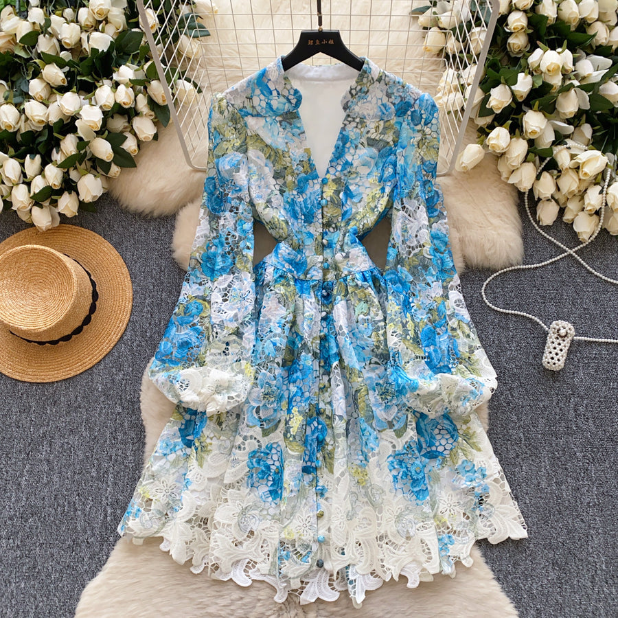 High-quality crochet lace embroidery floral print V-neck long lantern sleeve short dress