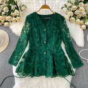 Embroidery Mesh 2 Pieces Set Women Hollow Out Sashes Shirt Tops + Elastic Waist A-Line Long Skirts Suit Autumn Ladies Outfit
