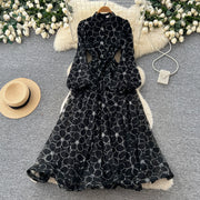Spring Autumn French High-end Women's Dress New Lace Embroidery Glitter Lantern Sleeve Single Breasted Party Birthday Dress