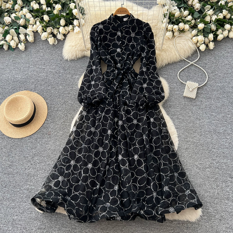 Spring Autumn French High-end Women's Dress New Lace Embroidery Glitter Lantern Sleeve Single Breasted Party Birthday Dress