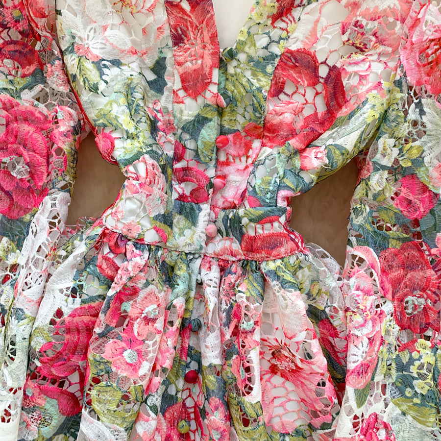 High-quality crochet lace embroidery floral print V-neck long lantern sleeve short dress