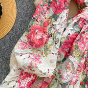High-quality crochet lace embroidery floral print V-neck long lantern sleeve short dress