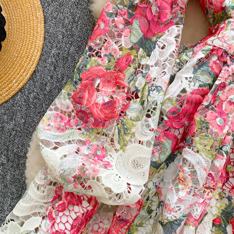 High-quality crochet lace embroidery floral print V-neck long lantern sleeve short dress
