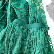 Embroidery Mesh 2 Pieces Set Women Hollow Out Sashes Shirt Tops + Elastic Waist A-Line Long Skirts Suit Autumn Ladies Outfit