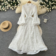 Spring Autumn French High-end Women's Dress New Lace Embroidery Glitter Lantern Sleeve Single Breasted Party Birthday Dress