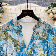High-quality crochet lace embroidery floral print V-neck long lantern sleeve short dress