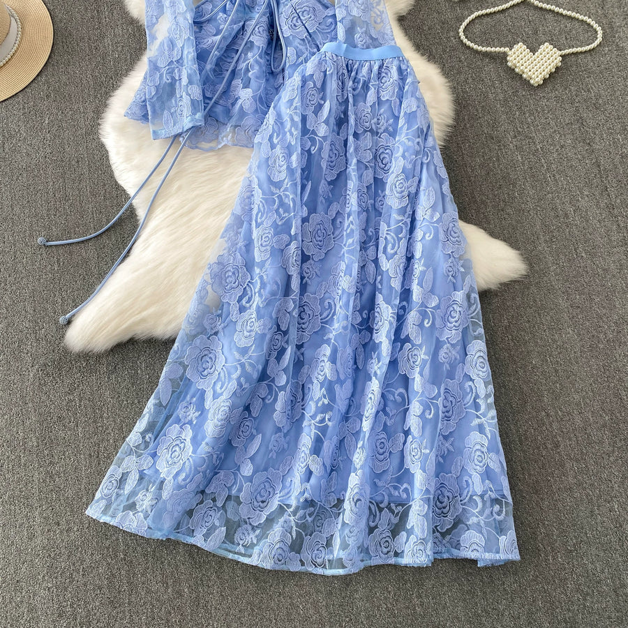 Embroidery Mesh 2 Pieces Set Women Hollow Out Sashes Shirt Tops + Elastic Waist A-Line Long Skirts Suit Autumn Ladies Outfit