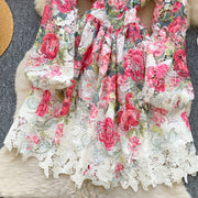 High-quality crochet lace embroidery floral print V-neck long lantern sleeve short dress