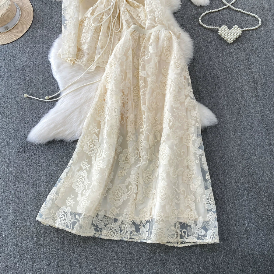 Embroidery Mesh 2 Pieces Set Women Hollow Out Sashes Shirt Tops + Elastic Waist A-Line Long Skirts Suit Autumn Ladies Outfit