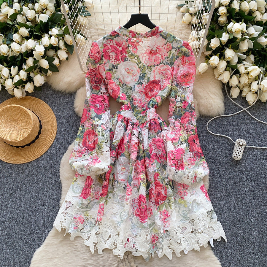 High-quality crochet lace embroidery floral print V-neck long lantern sleeve short dress
