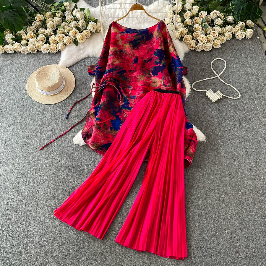 Loose Fit Miyake Style Pleated Matching Suit Women Oversized Bat Sleeve Drawstring Print Tunic + Pleated Wide Leg Pants Set