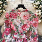 High-quality crochet lace embroidery floral print V-neck long lantern sleeve short dress