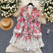 High-quality crochet lace embroidery floral print V-neck long lantern sleeve short dress