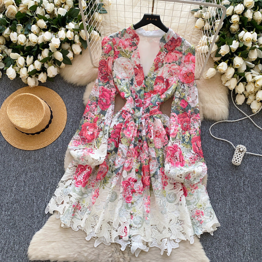 High-quality crochet lace embroidery floral print V-neck long lantern sleeve short dress