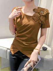 High Quality Pleated Cross Slash Neck Short Sleeve T-shirts