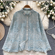 Basic loose long-sleeved polo-neck blouse embroidered with flowers and French-style hook