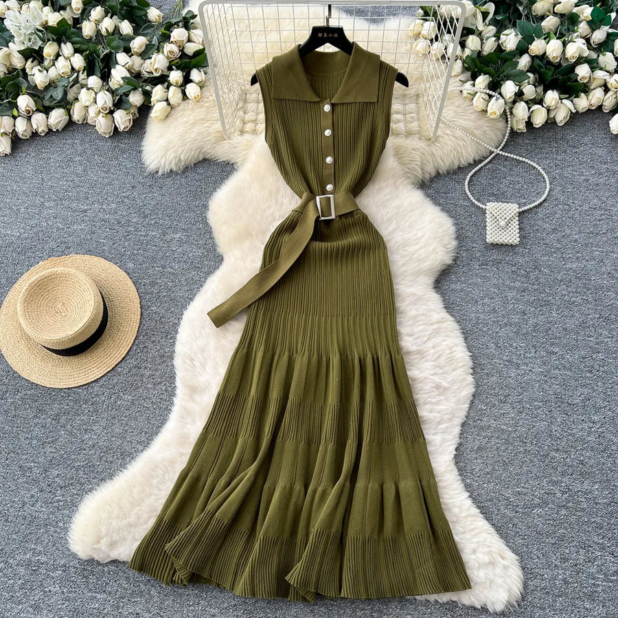 Ribbed Knit Dress Sleeveless Lapel Belt French Ins Chic Spring Summer Celebrity Style Feminine A-line Long Dress