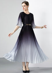 High Quality Vintage Oversized Loose Gradient Belt Lace Up O Neck Pleated Long Dress