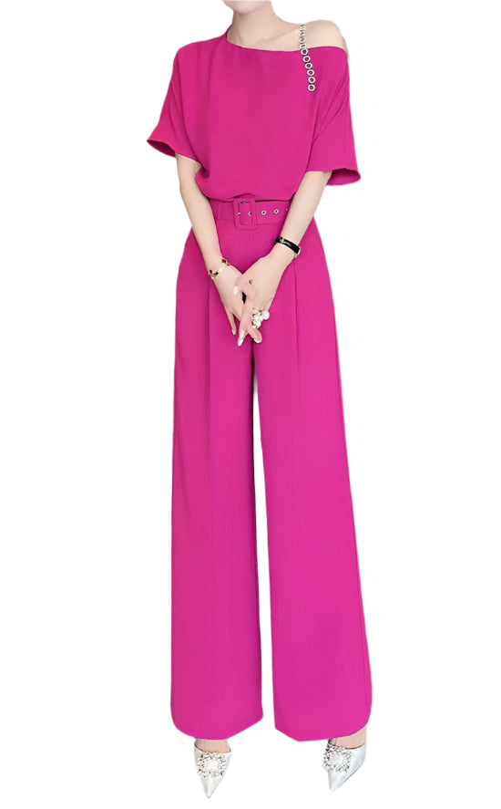 Royal style two-piece set, off-shoulder with high-quality wide-leg pants