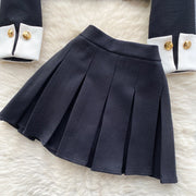 Spring Women's Color Block Short Cardigan Coat + High Waisted Pleated Half Skirt Two Piece Set