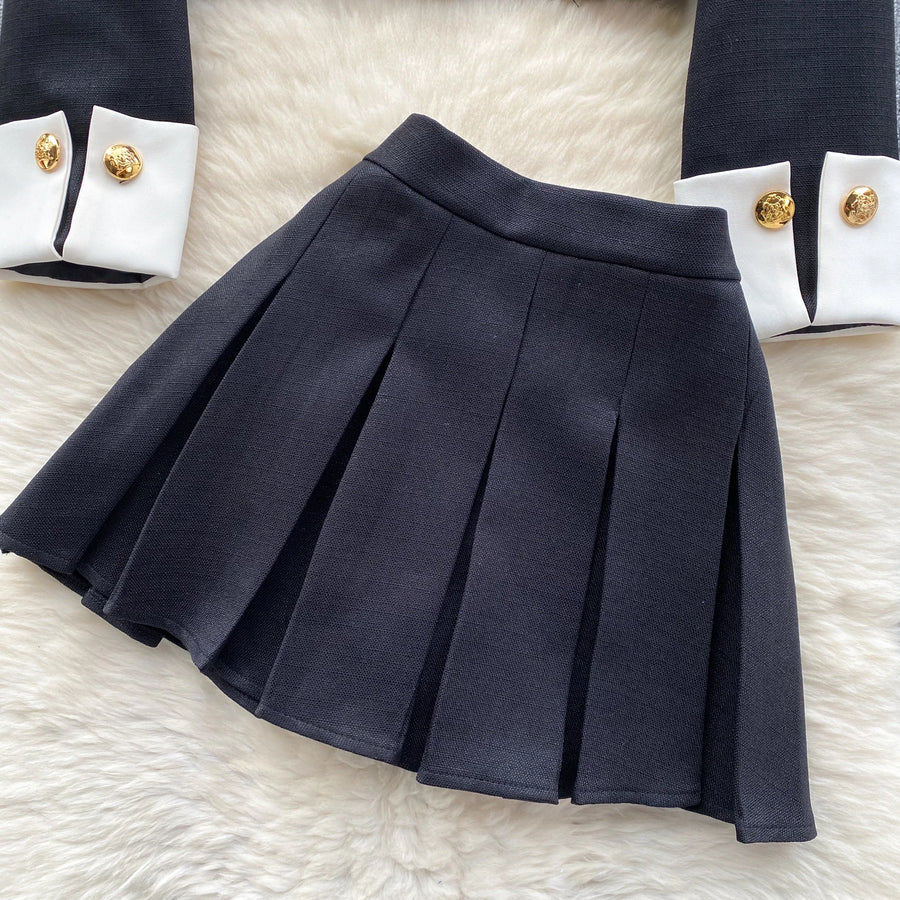 Spring Women's Color Block Short Cardigan Coat + High Waisted Pleated Half Skirt Two Piece Set